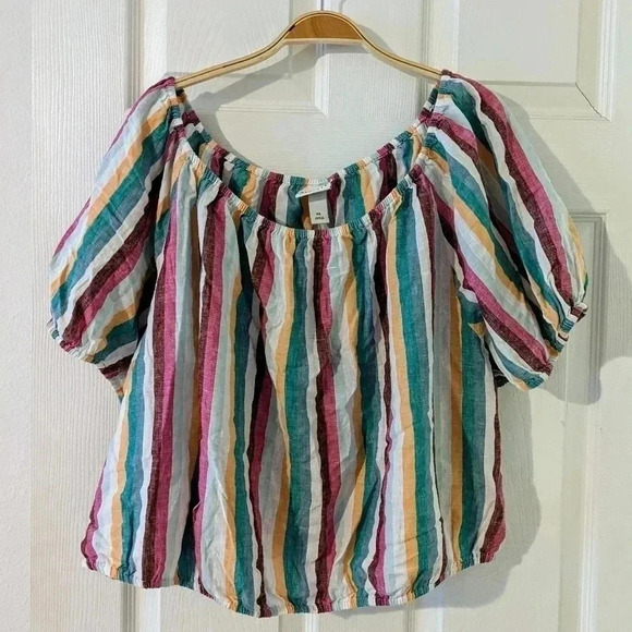 Ava And Viv Blouse Plus 2X Top Striped Short Sleeve Linen Blend White Purple NWT - Picture 2 of 5